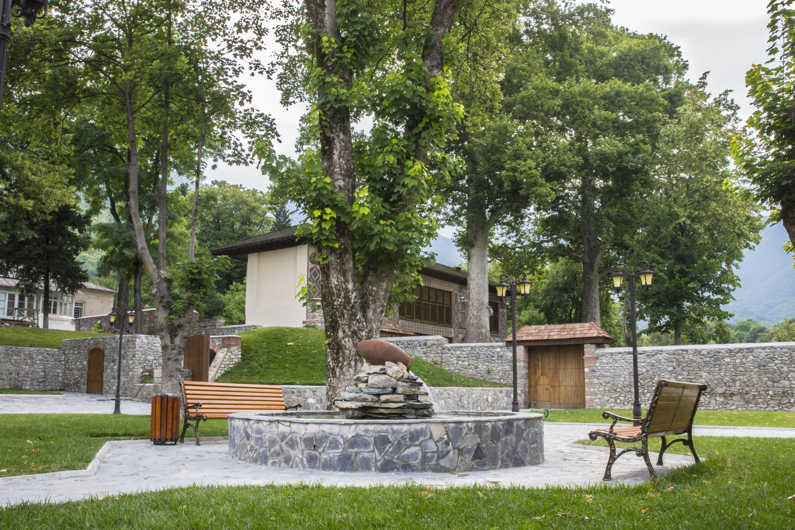 town park with benches and fireplace